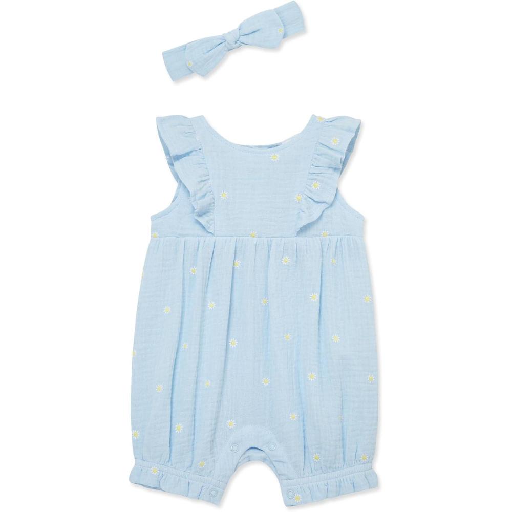 imageLittle Me Clothes for Baby Girls Gauze Romper and Headband Set 312 MonthsBlue Daisy