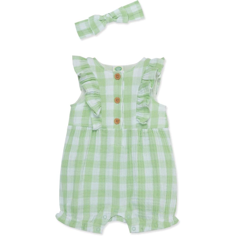 imageLittle Me Clothes for Baby Girls Gauze Romper and Headband Set 312 MonthsGreen