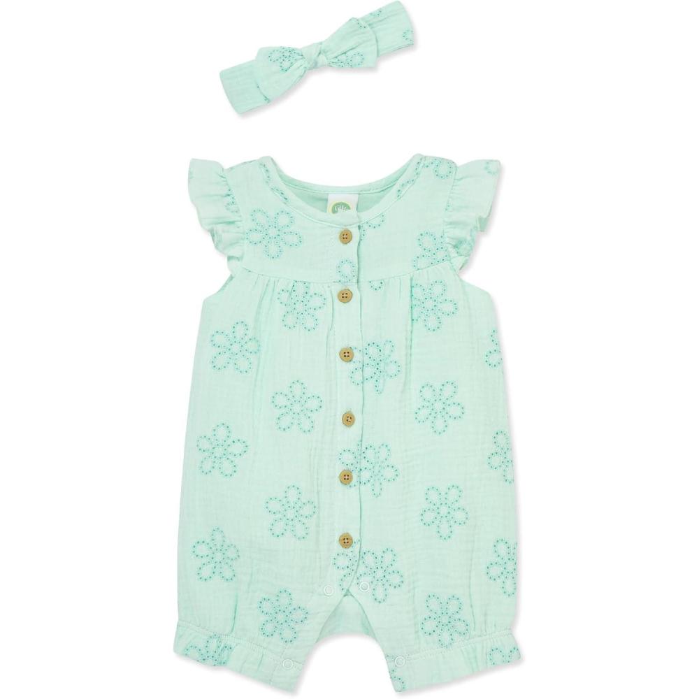 imageLittle Me Clothes for Baby Girls Gauze Romper and Headband Set 312 MonthsGreen Eyelet
