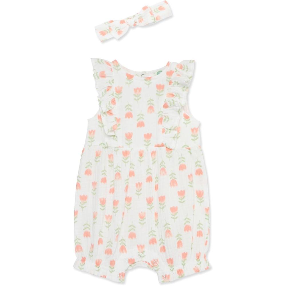 imageLittle Me Clothes for Baby Girls Gauze Romper and Headband Set 312 MonthsPink