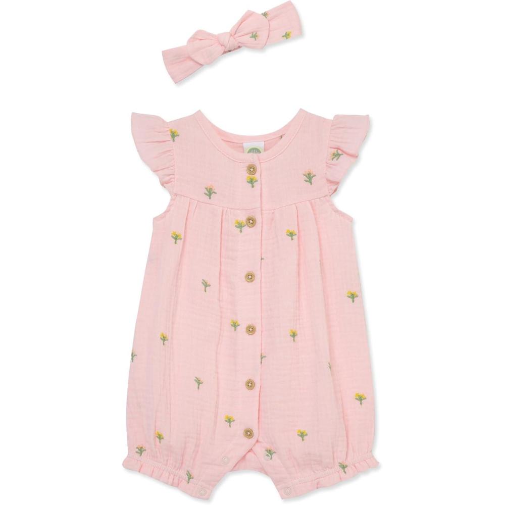 imageLittle Me Clothes for Baby Girls Gauze Romper and Headband Set 312 MonthsPink Floral