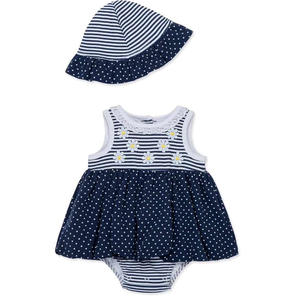 imageLittle Me Clothes for Baby Girls Popover Bodysuit Dress and Hat Set 312 MonthsMedieval BlueWhite