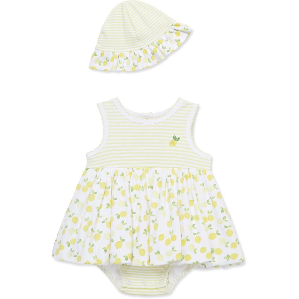 imageLittle Me Clothes for Baby Girls Popover Bodysuit Dress and Hat Set 312 MonthsPale BananaWhite