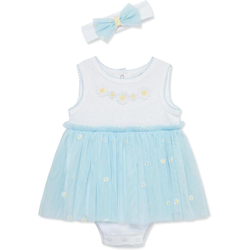 imageLittle Me Clothes for Baby Girls Popover Bodysuit Dress and Headband Set 312 MonthsBlue Daisies