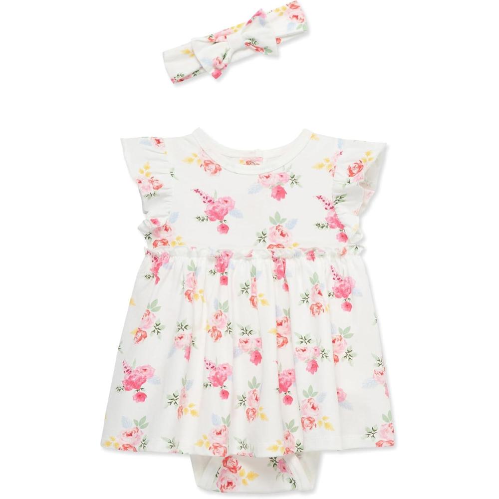 imageLittle Me Clothes for Baby Girls Popover Bodysuit Dress and Headband Set 312 MonthsFloral Roses
