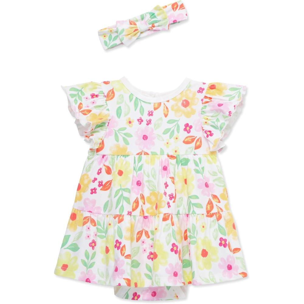 imageLittle Me Clothes for Baby Girls Popover Bodysuit Dress and Headband Set 312 MonthsHappy Floral