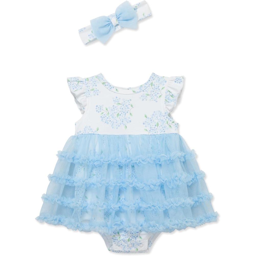 imageLittle Me Clothes for Baby Girls Popover Bodysuit Dress and Headband Set 312 MonthsIce WaterBright White