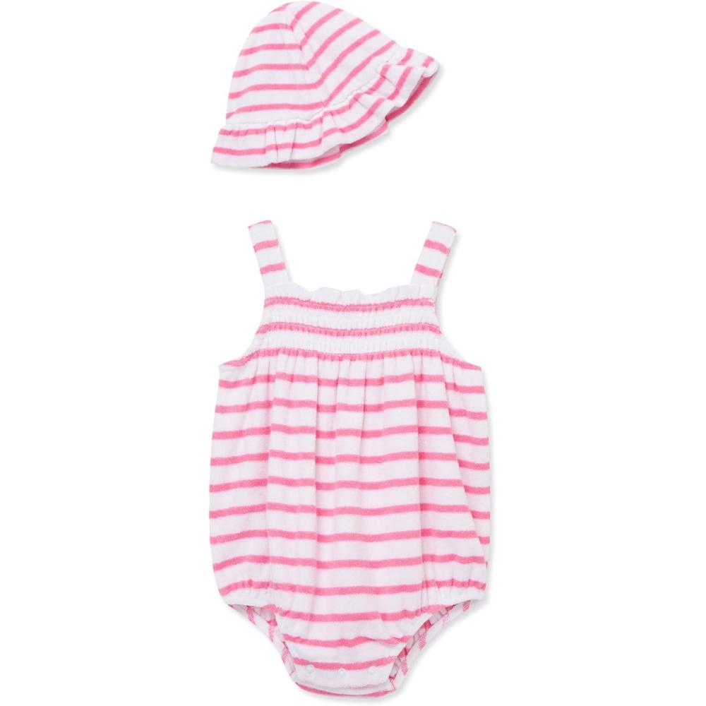 imageLittle Me Clothes for Baby Girls Terry Bubble Romper and Hat Set 3 to 12 MonthsSachet PinkBright White