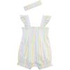 Little Me Clothes for Baby Girls’ 100% Cotton Woven Bubble Romper and Headband Set, 3 to 12 Months(Candy White/Multi)