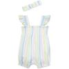 Little Me Clothes for Baby Girls’ 100% Cotton Woven Bubble Romper and Headband Set, 3 to 12 Months(Candy White/Multi)