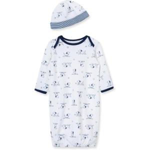 Little Me Clothes for Baby Boys’ 2-Piece Nightgown and Cap Set 100% Cotton with Elastic Bottom, Baby Essentials, 0-3 Months(White Print Puppy)