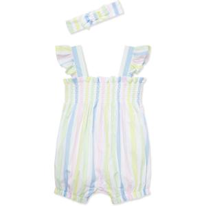 Little Me Clothes for Baby Girls’ 100% Cotton Woven Bubble Romper and Headband Set, 3 to 12 Months(Candy White/Multi)