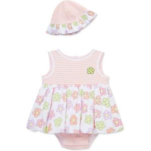 Little Me Clothes for Baby Girls’ Popover Bodysuit Dress and Hat Set, 3-12 Months(Peach Amber/Multi)