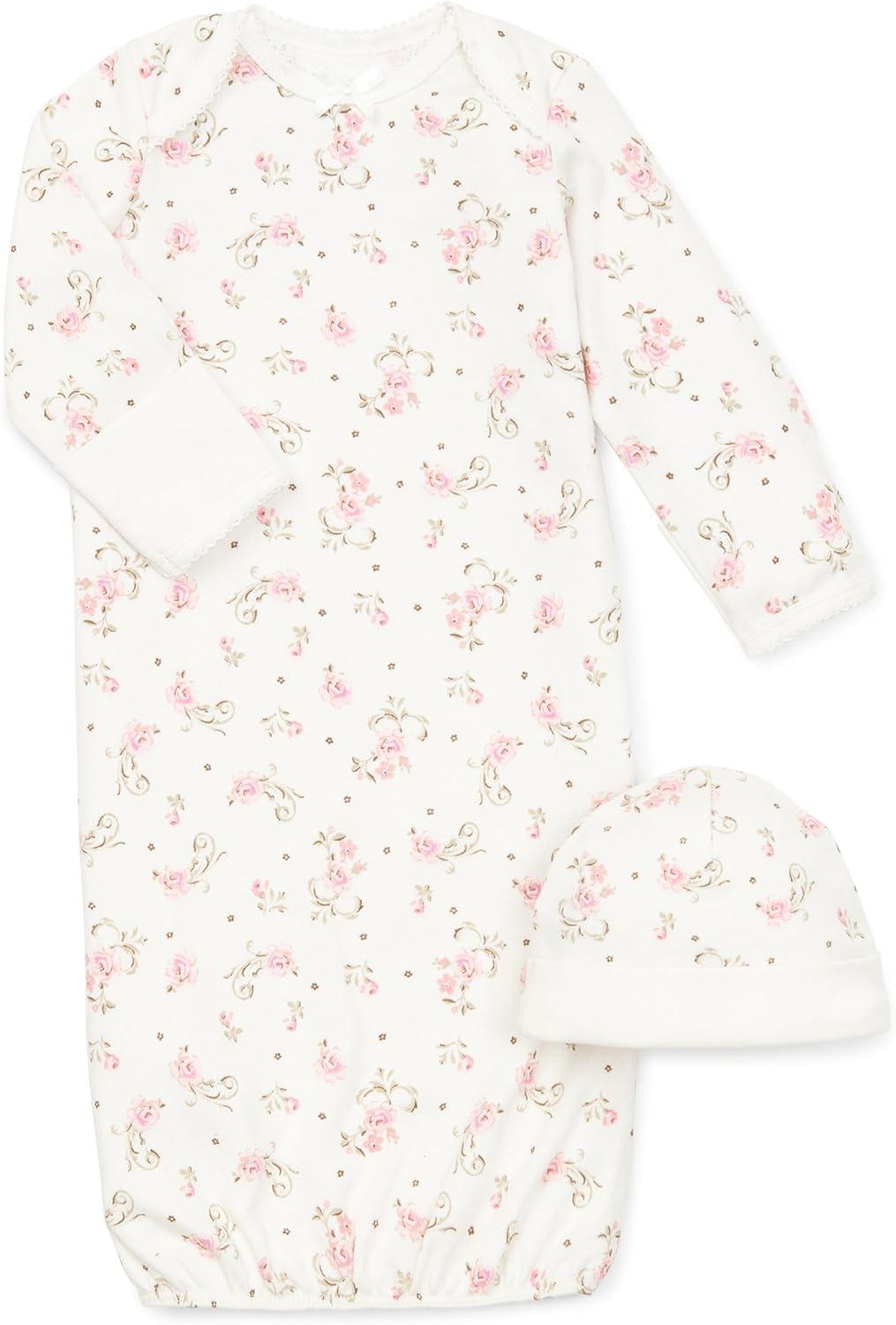 imageLittle Me Clothes for Baby Girls 2Piece Nightgown and Cap Set 100 Cotton with Elastic Bottom Baby Essentials 03 MonthsVintage Rose