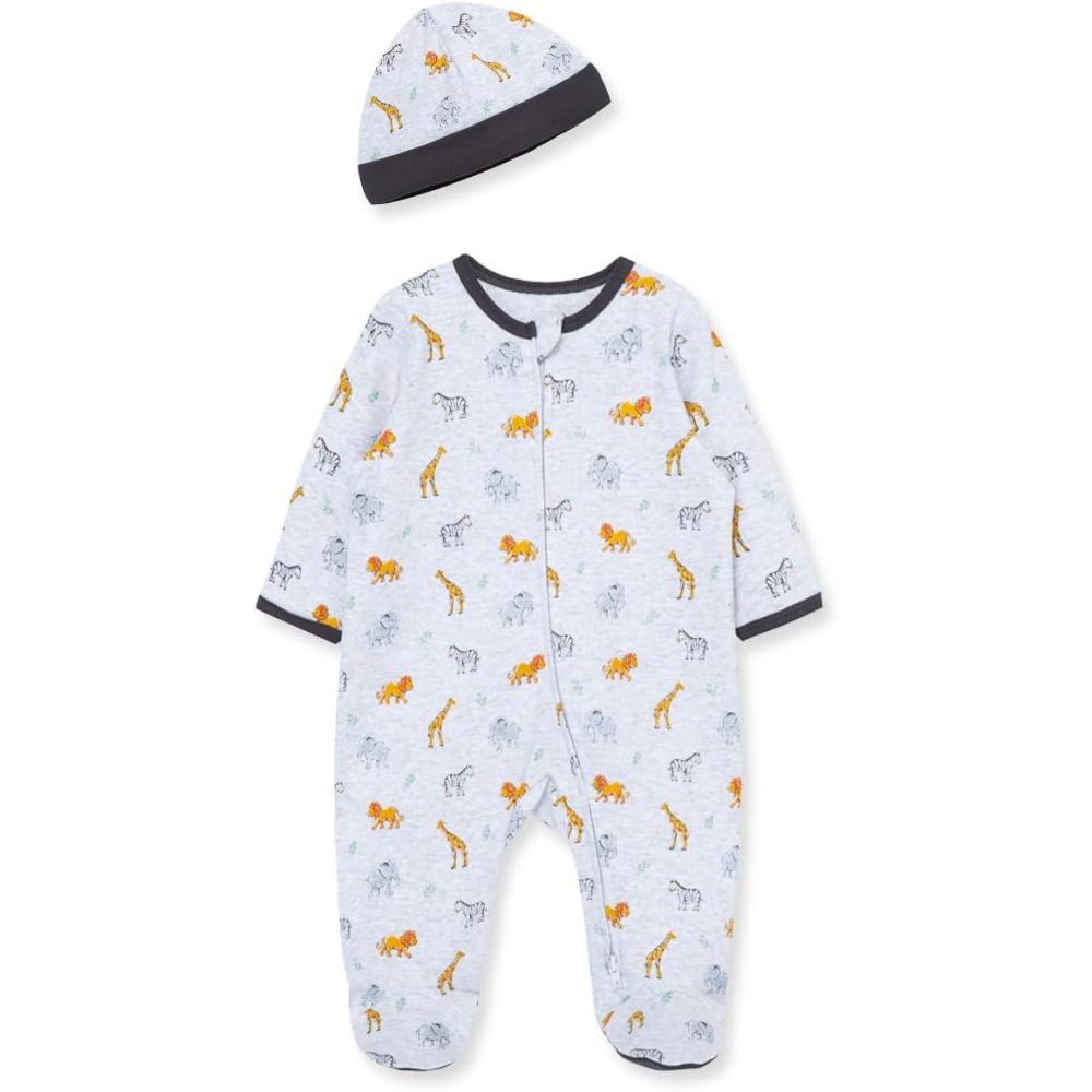 imageLittle Me Baby Boy Clothes 2Piece Baby Sleeper and Cap Set 100 Cotton Footies Baby Essentials Preemie to 9 monthsBlue Safari