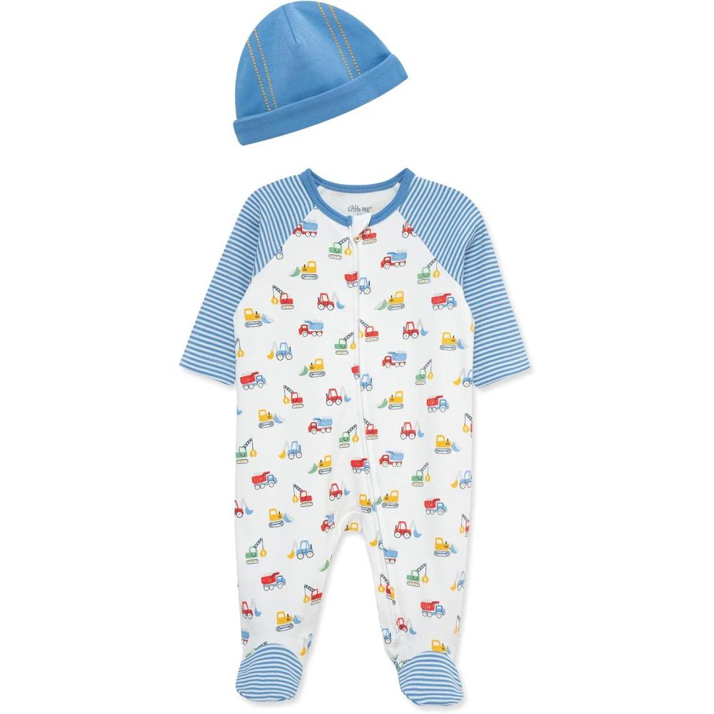 imageLittle Me Baby Boy Clothes 2Piece Baby Sleeper and Cap Set 100 Cotton Footies Baby Essentials Preemie to 9 monthsBlue Trucks