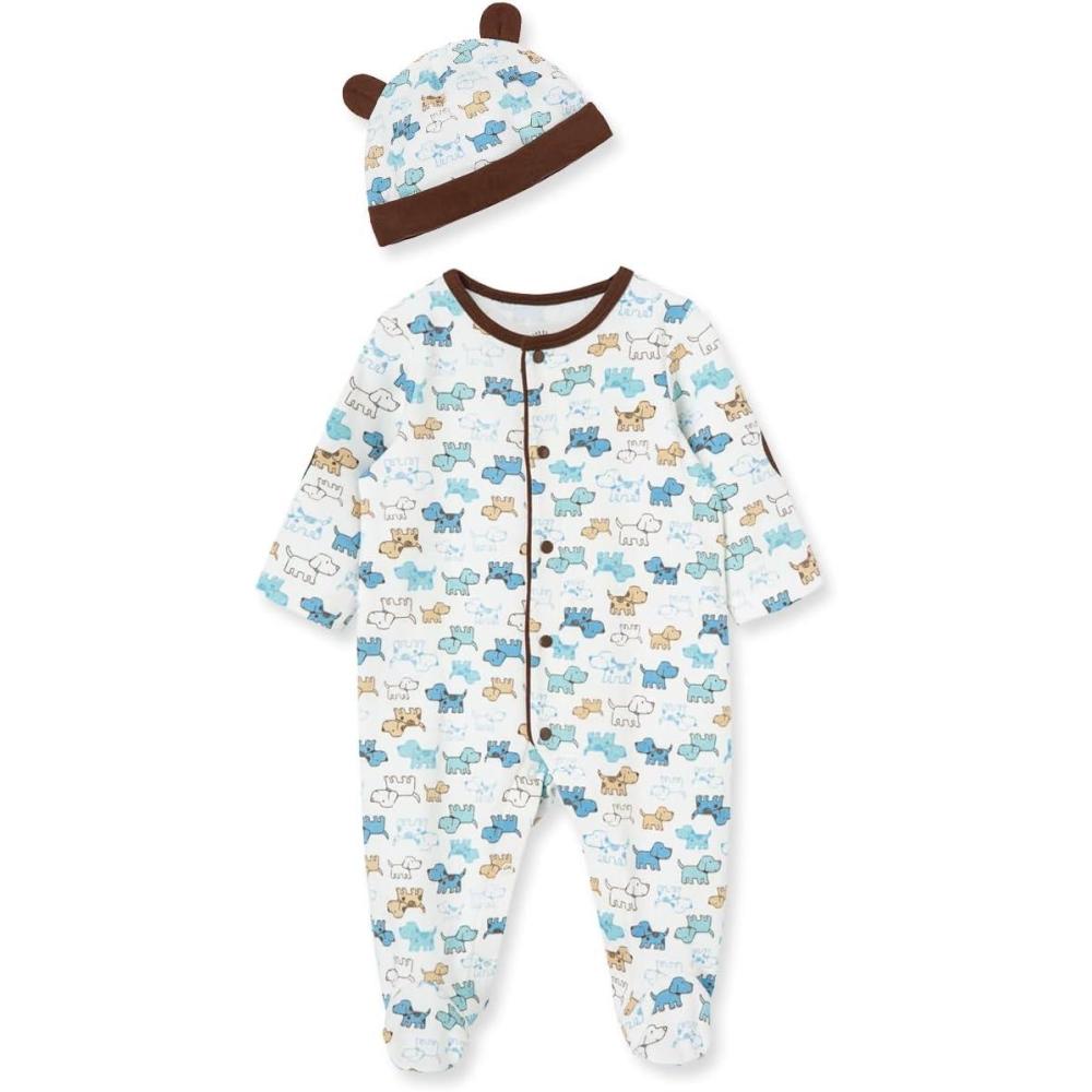 imageLittle Me Baby Boy Clothes 2Piece Baby Sleeper and Cap Set 100 Cotton Footies Baby Essentials Preemie to 9 monthsCute Puppies