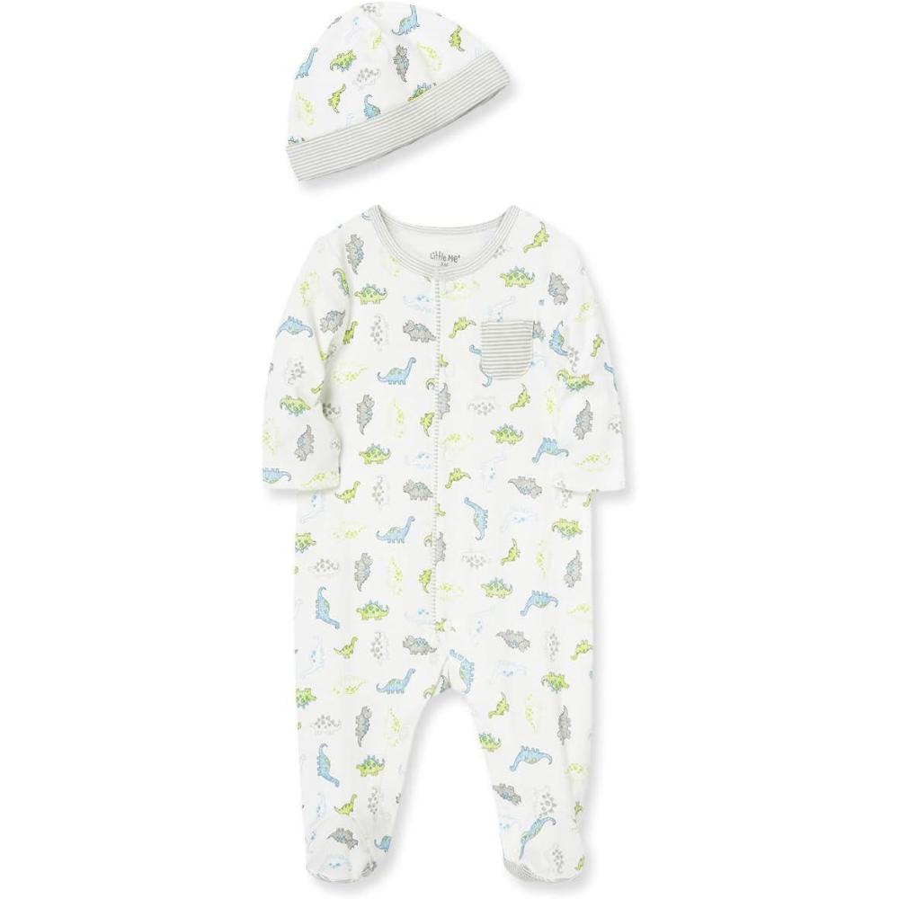 imageLittle Me Baby Boy Clothes 2Piece Baby Sleeper and Cap Set 100 Cotton Footies Baby Essentials Preemie to 9 monthsDinosaur Print