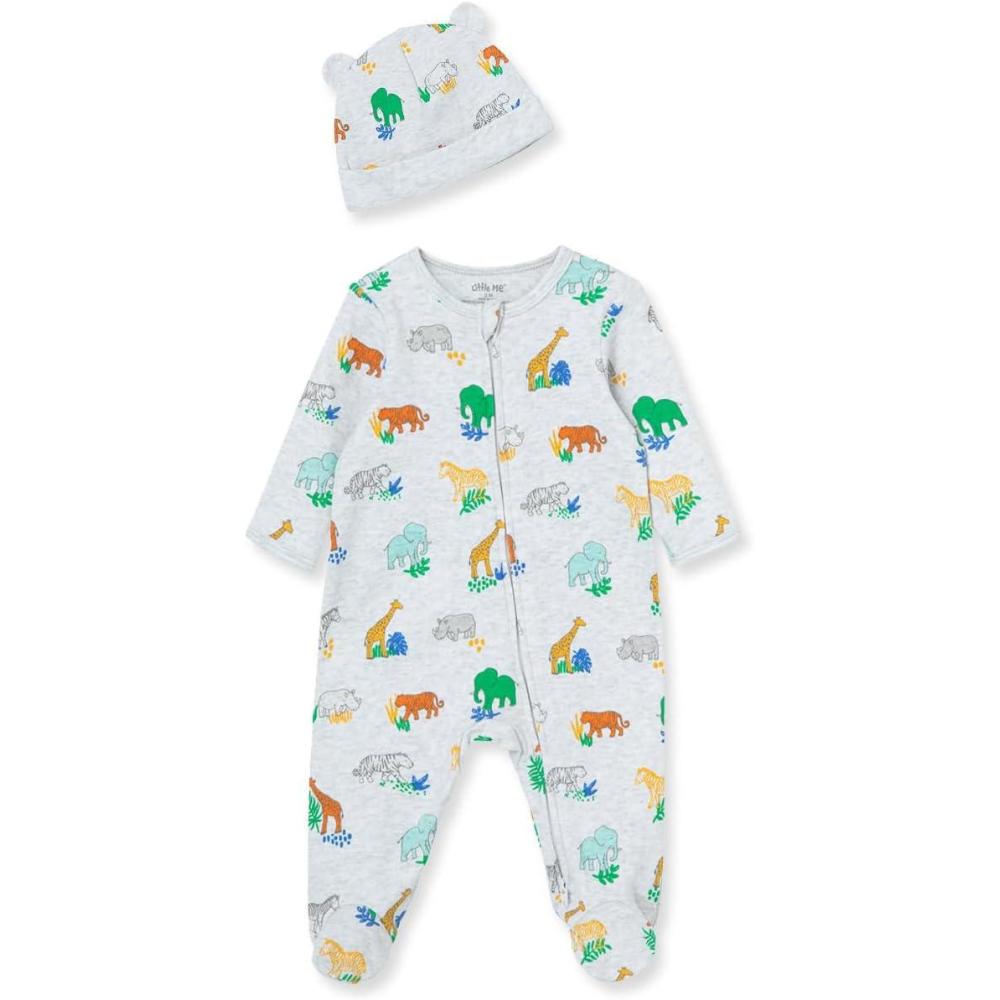 imageLittle Me Baby Boy Clothes 2Piece Baby Sleeper and Cap Set 100 Cotton Footies Baby Essentials Preemie to 9 monthsGrey Jungle Animals