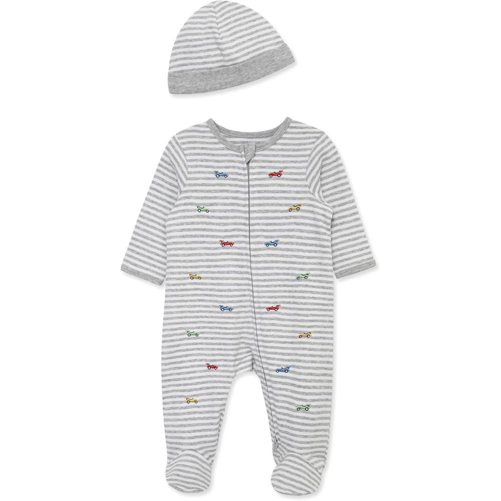 imageLittle Me Baby Boy Clothes 2Piece Baby Sleeper and Cap Set 100 Cotton Footies Baby Essentials Preemie to 9 monthsGrey Race Car