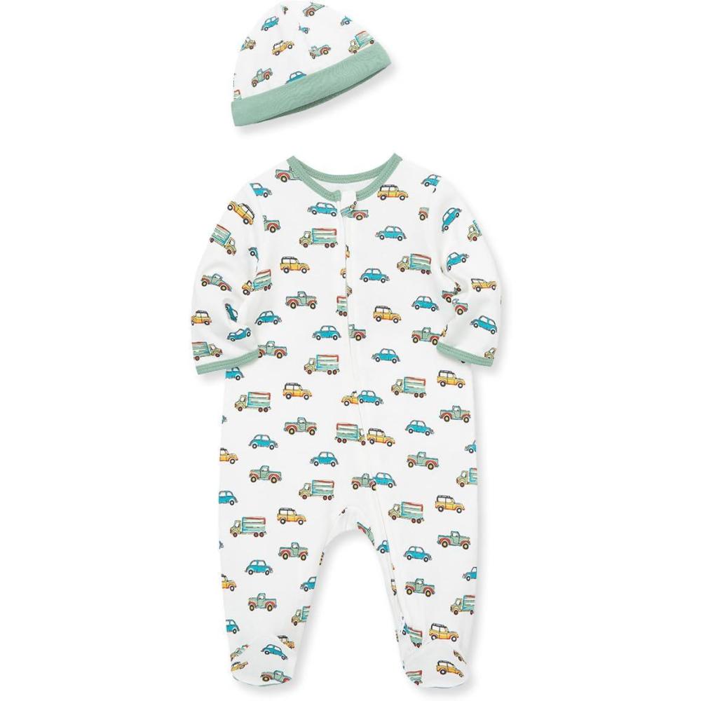 imageLittle Me Baby Boy Clothes 2Piece Baby Sleeper and Cap Set 100 Cotton Footies Baby Essentials Preemie to 9 monthsIvory Print