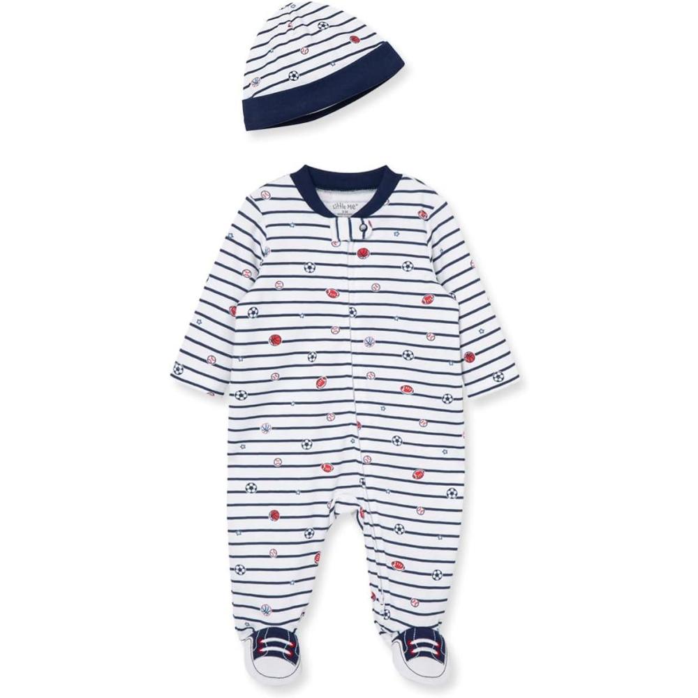 imageLittle Me Baby Boy Clothes 2Piece Baby Sleeper and Cap Set 100 Cotton Footies Baby Essentials Preemie to 9 monthsSports Star