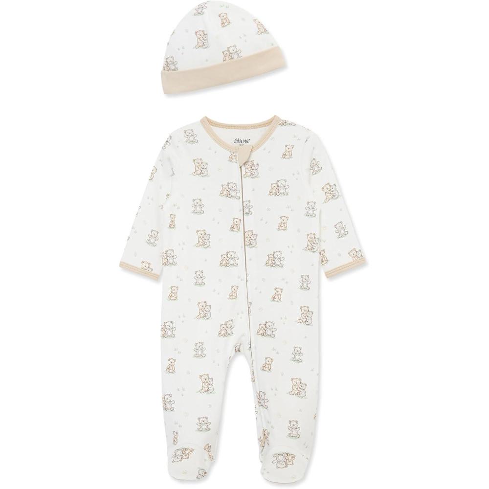 imageLittle Me Baby Boy Clothes 2Piece Baby Sleeper and Cap Set 100 Cotton Footies Baby Essentials Preemie to 9 monthsWhite Fuzzy Bear