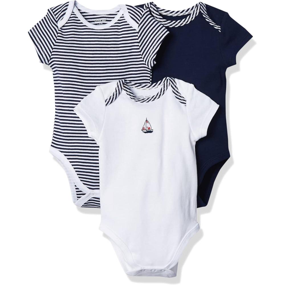 imageLittle Me Clothes for Baby 3Pack 100 Cotton Scratch Free Tag Bodysuits Newborn to 9 MonthsNavy Multi