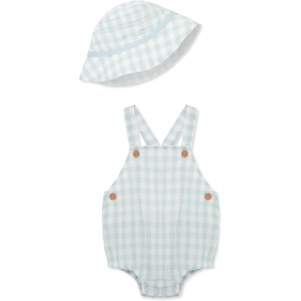 imageLittle Me Clothes for Baby Boys Check Sunsuit and Hat Set Blue 6 Months