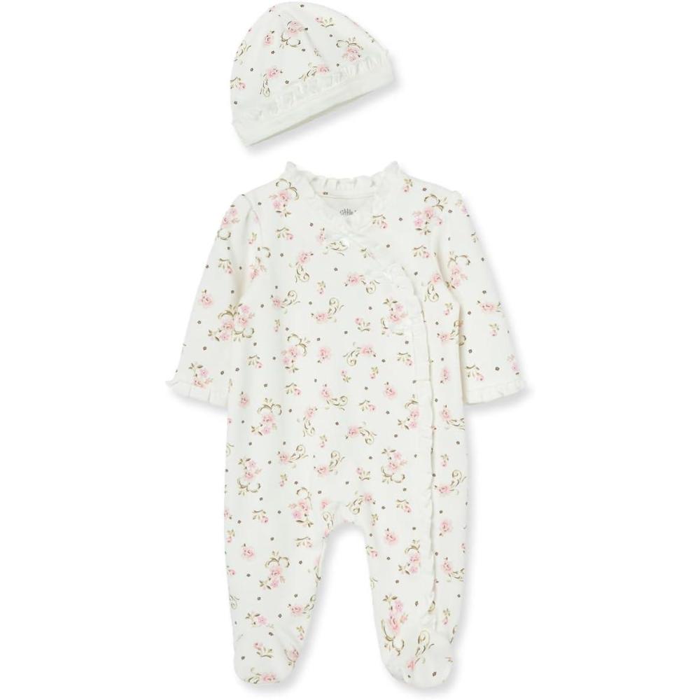 imageLittle Me Clothes for Baby Girls 100 Cotton ScratchFree Tag Footie Sleeper Preemie to 9 MonthsIvory Rose