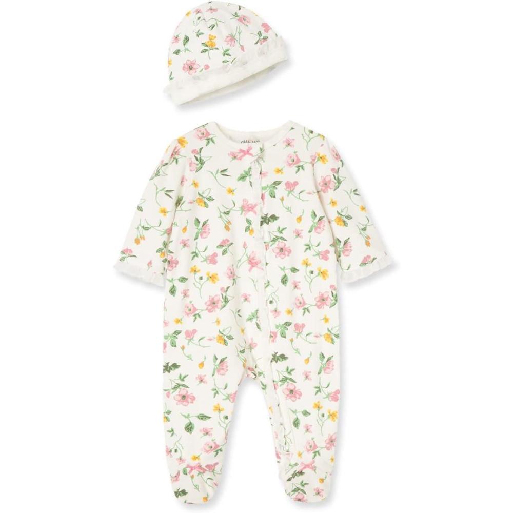imageLittle Me Clothes for Baby Girls 100 Cotton ScratchFree Tag Footie Sleeper Preemie to 9 MonthsIvory Spring Floral