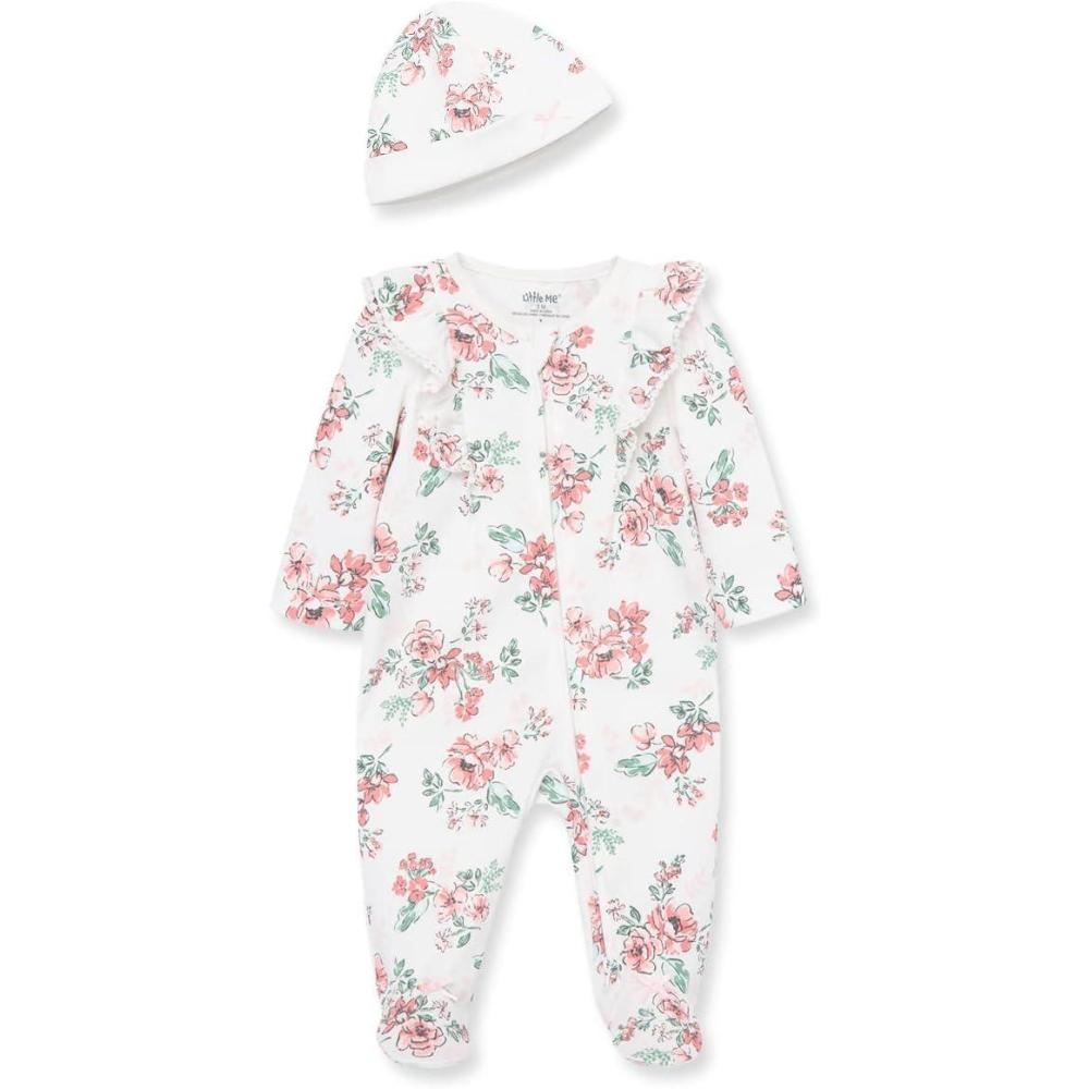 imageLittle Me Clothes for Baby Girls 100 Cotton ScratchFree Tag Footie Sleeper Preemie to 9 MonthsLace Floral Pink