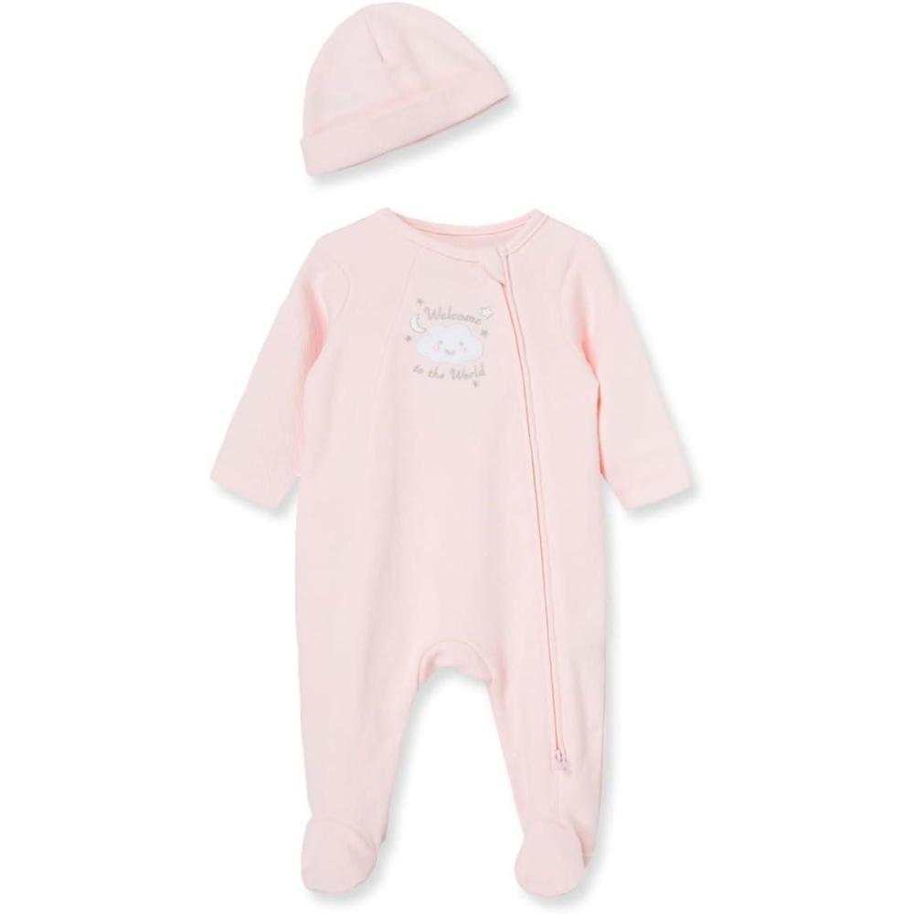 imageLittle Me Clothes for Baby Girls 100 Cotton ScratchFree Tag Footie Sleeper Preemie to 9 MonthsWelcome to the WorldPink Bear