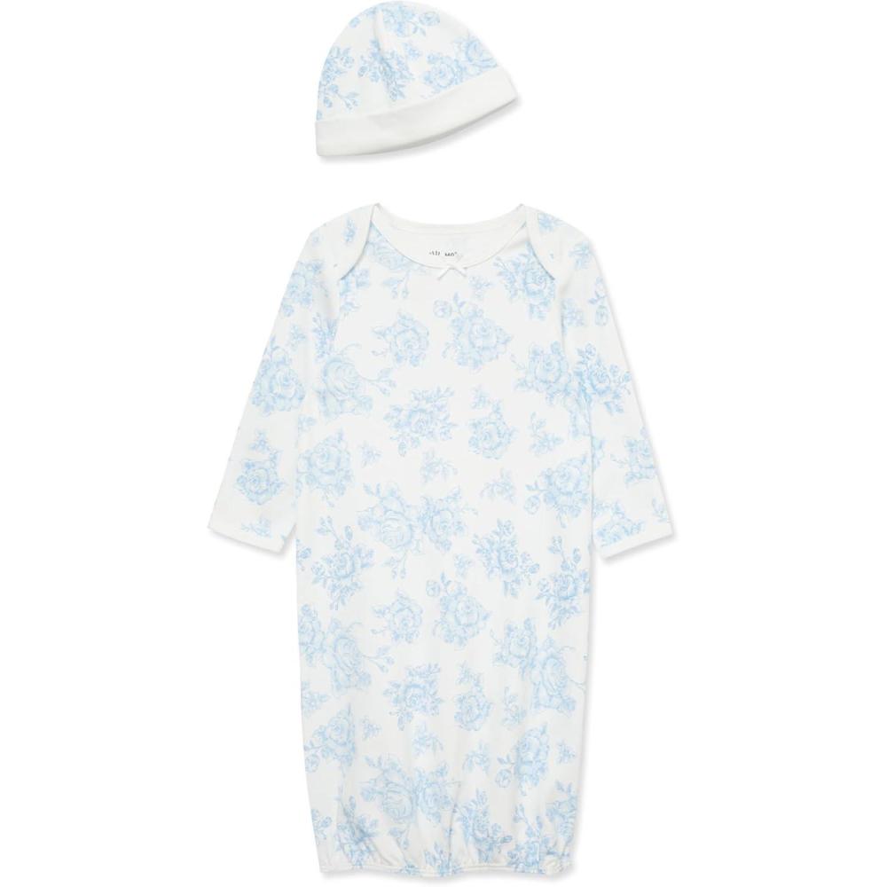 imageLittle Me Clothes for Baby Girls 2Piece Nightgown and Cap Set 100 Cotton with Elastic Bottom Baby Essentials 03 MonthsBlue Roses