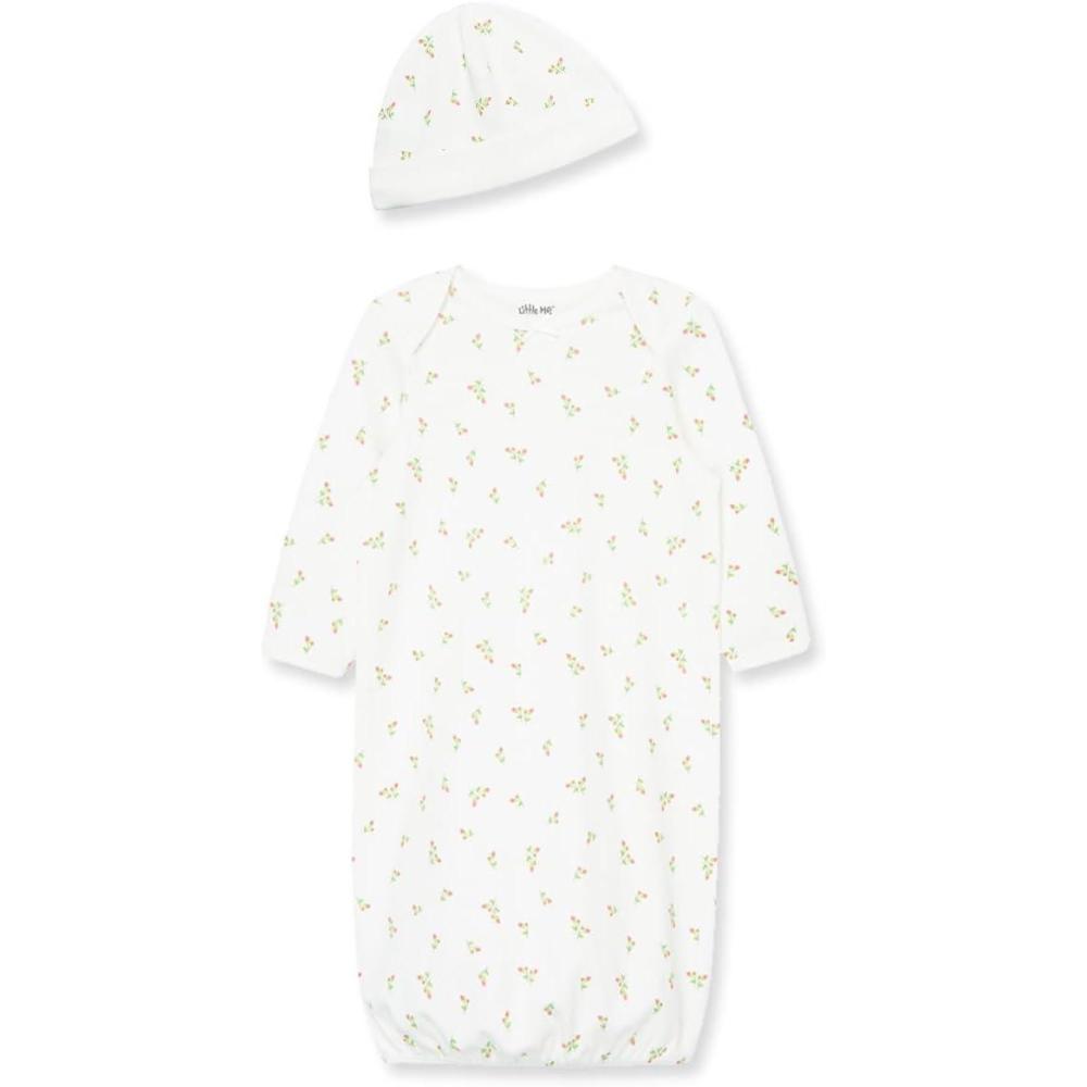 imageLittle Me Clothes for Baby Girls 2Piece Nightgown and Cap Set 100 Cotton with Elastic Bottom Baby Essentials 03 MonthsIvory