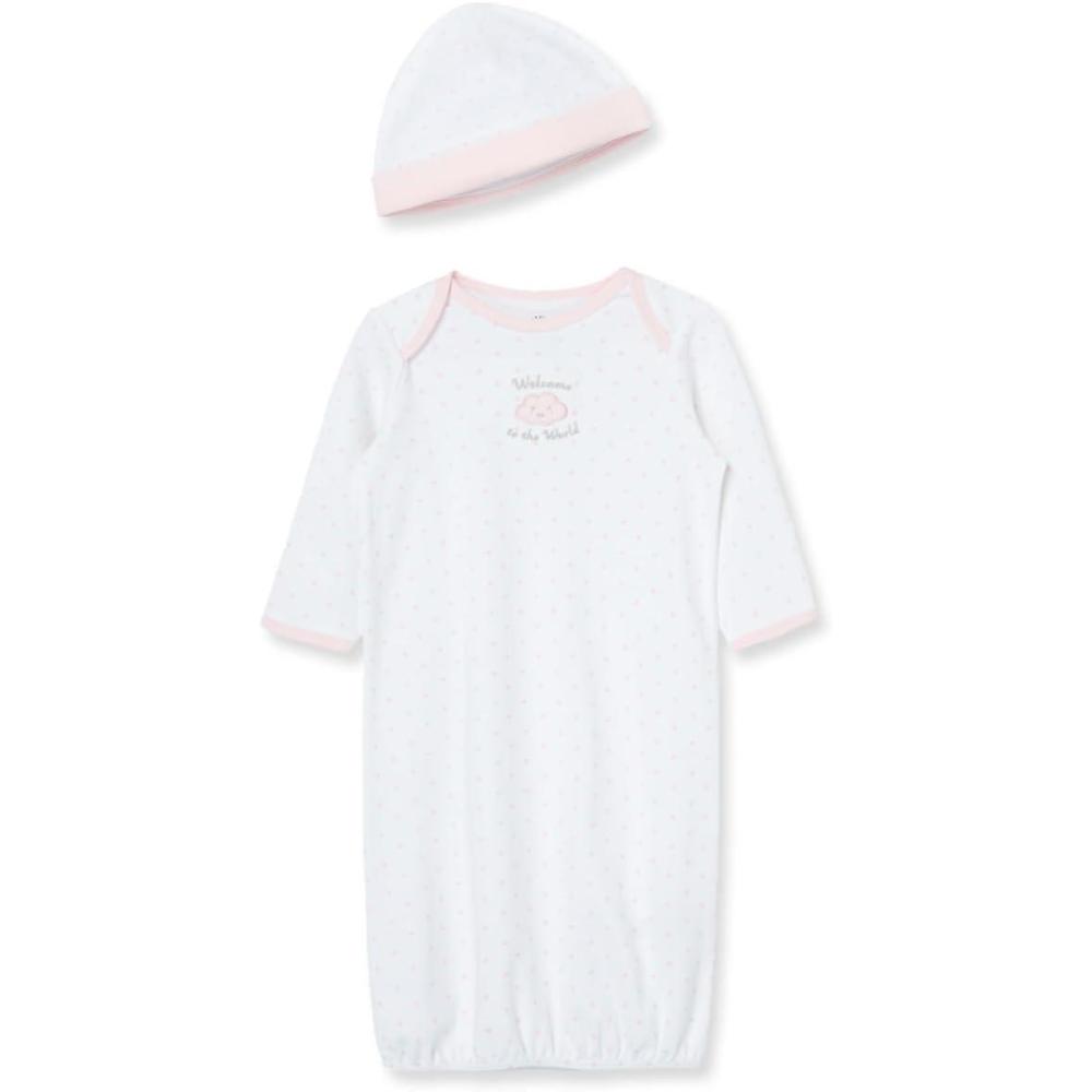 imageLittle Me Clothes for Baby Girls 2Piece Nightgown and Cap Set 100 Cotton with Elastic Bottom Baby Essentials 03 MonthsPink