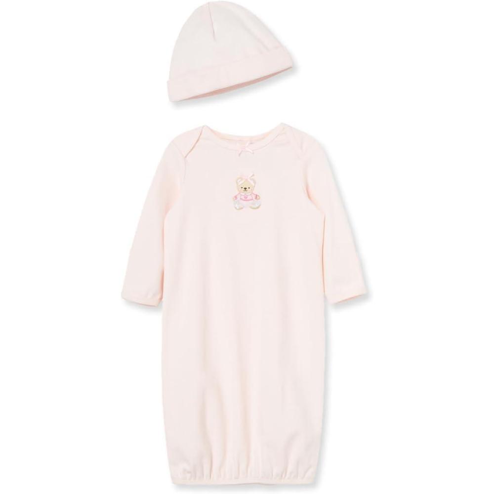 imageLittle Me Clothes for Baby Girls 2Piece Nightgown and Cap Set 100 Cotton with Elastic Bottom Baby Essentials 03 MonthsPink Bear
