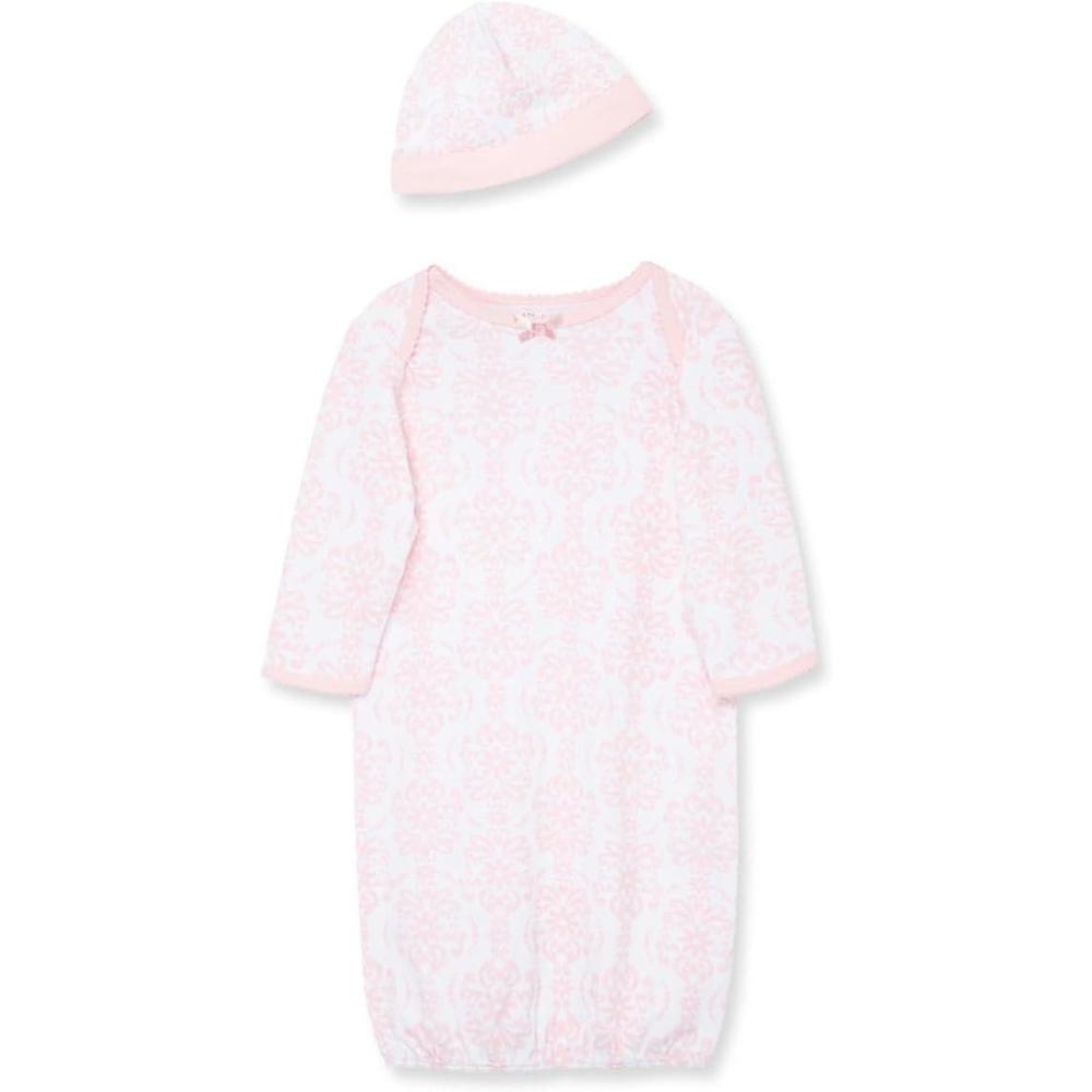 imageLittle Me Clothes for Baby Girls 2Piece Nightgown and Cap Set 100 Cotton with Elastic Bottom Baby Essentials 03 MonthsPink Damask