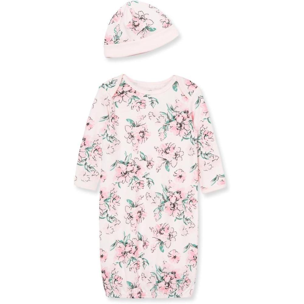 imageLittle Me Clothes for Baby Girls 2Piece Nightgown and Cap Set 100 Cotton with Elastic Bottom Baby Essentials 03 MonthsPink Floral