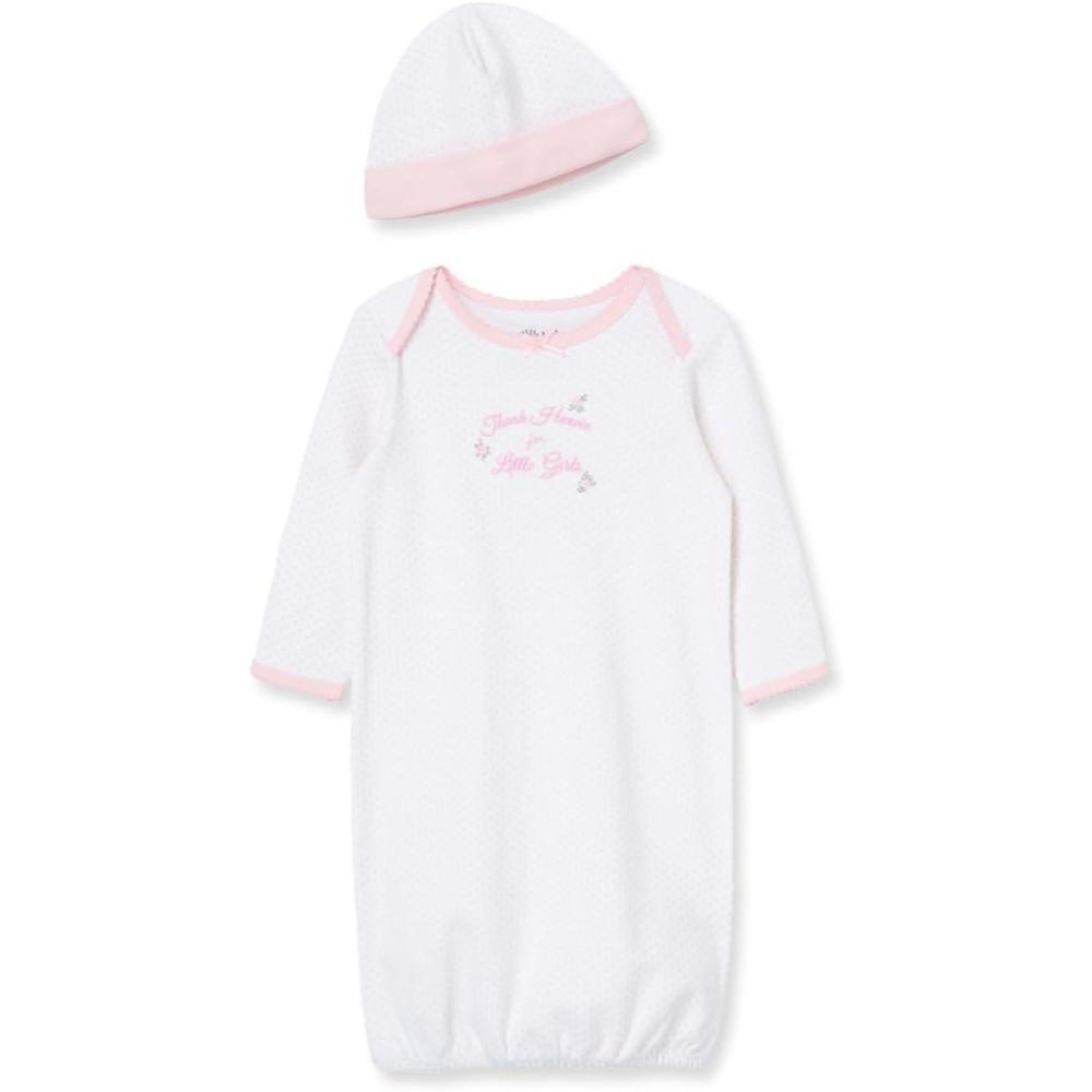 imageLittle Me Clothes for Baby Girls 2Piece Nightgown and Cap Set 100 Cotton with Elastic Bottom Baby Essentials 03 MonthsThank Heaven
