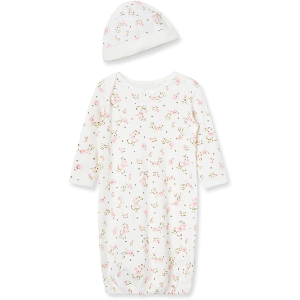 imageLittle Me Clothes for Baby Girls 2Piece Nightgown and Cap Set 100 Cotton with Elastic Bottom Baby Essentials 03 MonthsVintage Rose