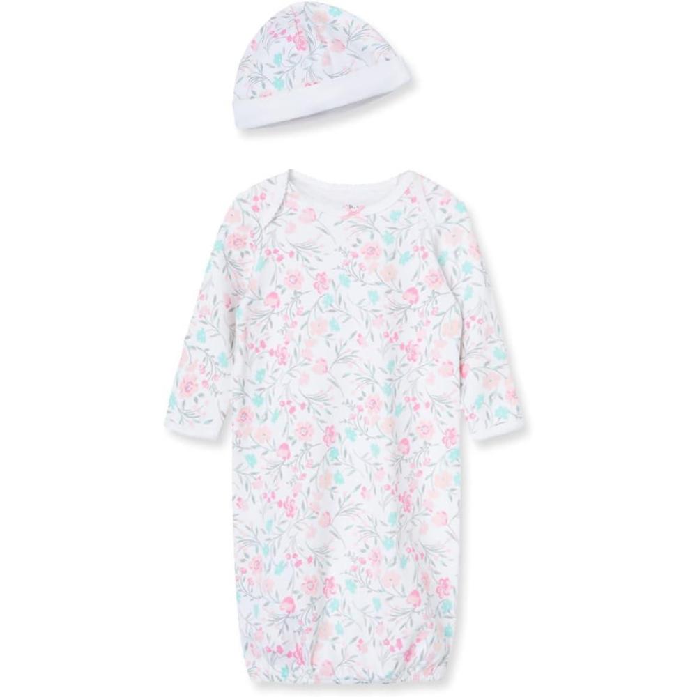 imageLittle Me Clothes for Baby Girls 2Piece Nightgown and Cap Set 100 Cotton with Elastic Bottom Baby Essentials 03 MonthsWatercolor