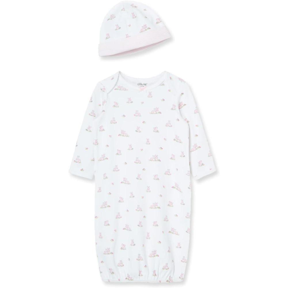 imageLittle Me Clothes for Baby Girls 2Piece Nightgown and Cap Set 100 Cotton with Elastic Bottom Baby Essentials 03 MonthsWhite PrintBunny