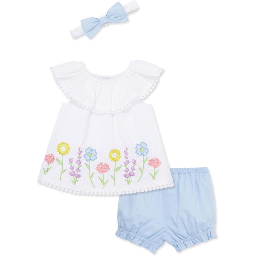 imageLittle Me Clothes for Baby Girls Woven Sunsuit and Headband Set 312 MonthsChambrayBright White