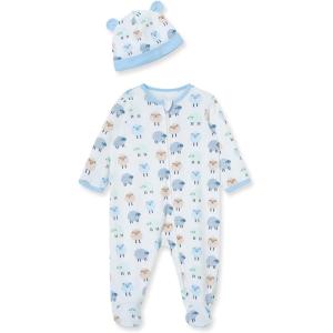 Little Me Baby Boy Clothes 2-Piece Baby Sleeper and Cap Set, 100% Cotton Footies Baby Essentials, Preemie to 9 months(Blue Lambs)