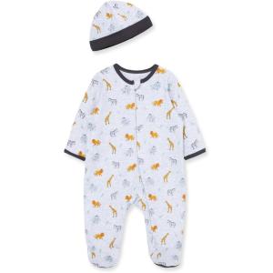 Little Me Baby Boy Clothes 2-Piece Baby Sleeper and Cap Set, 100% Cotton Footies Baby Essentials, Preemie to 9 months(Blue Safari)