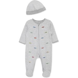 Little Me Baby Boy Clothes 2-Piece Baby Sleeper and Cap Set, 100% Cotton Footies Baby Essentials, Preemie to 9 months(Grey Race Car)