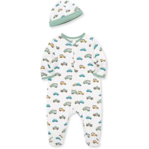 Little Me Baby Boy Clothes 2-Piece Baby Sleeper and Cap Set, 100% Cotton Footies Baby Essentials, Preemie to 9 months(Ivory Print)