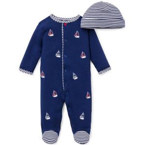 Little Me Baby Boy Clothes 2-Piece Baby Sleeper and Cap Set, 100% Cotton Footies Baby Essentials, Preemie to 9 months(Sailboats)