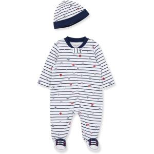 Little Me Baby Boy Clothes 2-Piece Baby Sleeper and Cap Set, 100% Cotton Footies Baby Essentials, Preemie to 9 months(Sports Star)